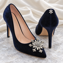 Load image into Gallery viewer, Winter Midnight Blue Velvet Bridal Shoes | Crystal Snowflake Heels