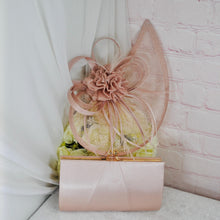 Load image into Gallery viewer, Nude Satin Bridal Set – Block Heel Shoes, Satin Clutch Bag & Sinamay Fascinator • UK4/US6.5