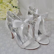 Load image into Gallery viewer, White Wedding Sandals - Handmade Bridal High Heels with Crystal Straps & Ribbon Tie UK4/US6.5
