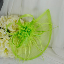 Load image into Gallery viewer, Handmade Lime Green Fascinator Hat and Satin Clutch Bag Set