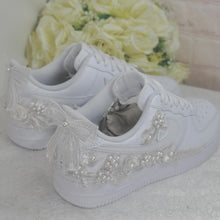 Load image into Gallery viewer, Bridal Air Force 1 Bright White Luxury Embroidered Sneakers, Genuine Nike, Bridal Shoes, Wedding Nike, AF1 Wedding Shoes, Quinceañera Shoes
