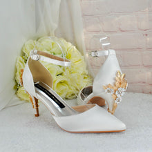 Load image into Gallery viewer, Emerald Green Satin Bridal Sandals: Cherry Blossom Heel, Handmade Wedding Shoes