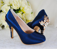 Load image into Gallery viewer, Navy Blue Satin Heels with Cherry Blossom Floral Heel Embellishment UK8/US10.5