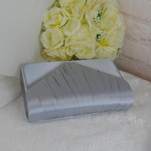 Load image into Gallery viewer, Silver Grey Fascinator and Clutch Bag Set: Handmade Satin Bridal Hatinator