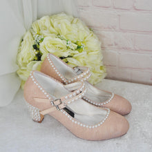 Load image into Gallery viewer, Champagne Bridal Shoes - Vintage Mary Janes with Lace Pearl Heels & 8cm Block Heel - UK3 / US5.5