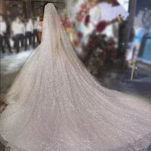 Load image into Gallery viewer, A bride wearing a long, white wedding dress with a sparkling veil walks down the aisle.