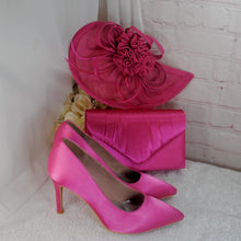 Load image into Gallery viewer, Pink Bag and Fascinator Hat, Hot Pink Fuchsia Matching Bridal Set Hatinator Purse for Wedding Guest Mother of the Bride Groom