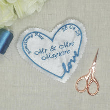 Load image into Gallery viewer, Sew On Wedding Dress Patch Something blue Custom Patch Personalised Wedding Label Bride Something Blue Wedding Heart