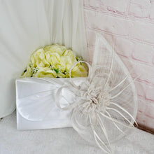 Load image into Gallery viewer, White Satin Bridal Set: Heels, Clutch Bag & Fascinator