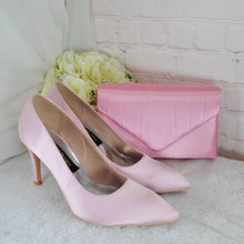 Load image into Gallery viewer, Pink Satin Bridal Set: Heels, Clutch, Fascinator - Handmade Wedding Guest Outfit