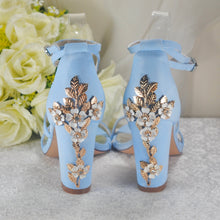 Load image into Gallery viewer, Navy Satin Bridal Sandals: Cherry Blossom Block Heel Wedding Shoes