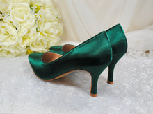 Load image into Gallery viewer, Emerald Green Satin Bridal Shoes: Mid Heel Custom Colour Bridesmaid Heels