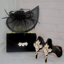 Load image into Gallery viewer, Black Velvet Heels, Clutch Bag & Sinamay Fascinator Set: Handmade Wedding Guest Outfit