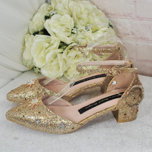 Load image into Gallery viewer, Champagne Gold Glitter Bridal Shoes: Celestial Star & Moon Block Heel Wedding Heels