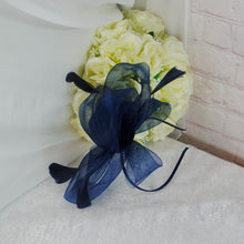 Load image into Gallery viewer, Navy Blue Fascinator and Clutch Bag Set: Handmade Satin Wedding Outfit