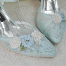 Load image into Gallery viewer, Embroidered Pastel Blue Bridal Shoes: 3D Flower Ankle Strap Heels UK5/US7.5