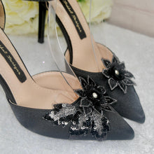Load image into Gallery viewer, Black Satin Bridal Set: Embroidered Shoes, Clutch Bag, Sinamay Fascinator (UK3/US5.5)