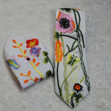 Load image into Gallery viewer, Embroidered Wildflower Pocket Squares & Matching Tie: Secret Garden Wedding Necktie
