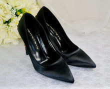 Load image into Gallery viewer, Black Satin Heels: Gold Floral Cherry Blossom Bridal Shoe, Wedding Shoe High Heel