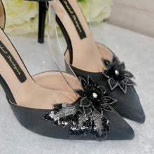 Load image into Gallery viewer, Black Satin Bridal Set: Handmade Fascinator, Clutch & Heels