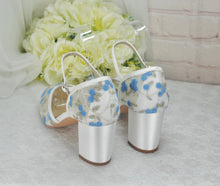Load image into Gallery viewer, Something Blue Block Heel Embroidered Sandals, Floral Wedding Shoes
