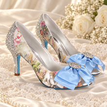 Load image into Gallery viewer, Wonderland-Inspired Bridal Shoes – Blue Bow Crystal Heels