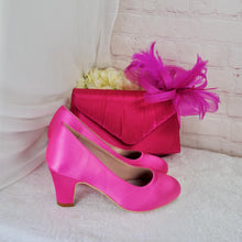 Load image into Gallery viewer, Fuchsia Pink Satin Bridal Set: Heels, Clutch & Fascinator
