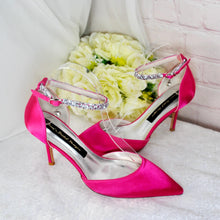 Load image into Gallery viewer, Handmade Fuchsia Pink Satin Bridal Set: Heels, Clutch & Fascinator
