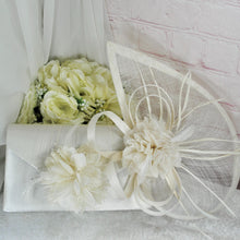 Load image into Gallery viewer, Ivory Satin Bridal Set: Heels, Clutch, Fascinator - Wedding Guest