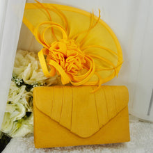 Load image into Gallery viewer, Mustard Yellow Fascinator Hat & Vegan Suede Clutch Bag Set
