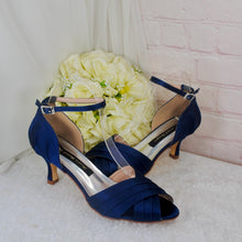 Load image into Gallery viewer, Navy Blue Satin Bridal Set: Heels, Clutch Bag & Fascinator