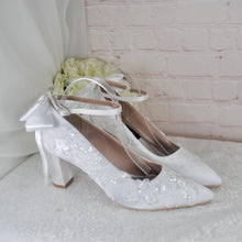 Load image into Gallery viewer, White Embroidered Block Heel Bridal Shoes: Floral Wedding Heels