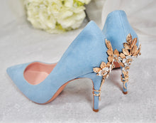 Load image into Gallery viewer, Blue Suede Wedding Heels: Handmade Cherry Blossom Bridal Shoes (UK6/US8.5)