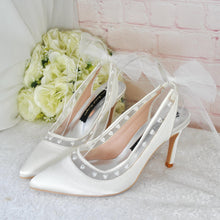 Load image into Gallery viewer, Ivory Slingback Shoes, Satin Bridal Heels with Heart Pearls & Bow Detail
