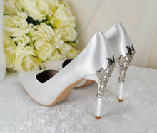 Load image into Gallery viewer, Bridal Satin Heels – Handmade Ivory Wedding Shoes with Silver Floral Heel Vine • UK4/US6.5