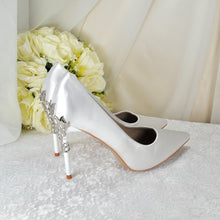 Load image into Gallery viewer, Bridal Satin Heels – Handmade Ivory Wedding Shoes with Silver Floral Heel Vine • UK4/US6.5