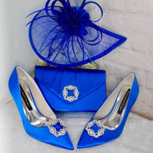 Load image into Gallery viewer, Royal Blue Satin Heels, Clutch Bag and Fascinator Hat Matching Bridal Set, Hatinator Purse Shoes for Wedding Guest Mother of the Bride Groom