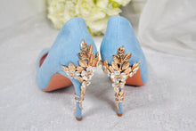 Load image into Gallery viewer, Blue Suede Wedding Heels: Handmade Cherry Blossom Bridal Shoes (UK6/US8.5)