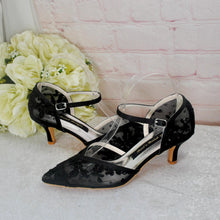 Load image into Gallery viewer, Black Embroidered Lace Kitten Heel Bridal Shoes • UK4 / US6.5