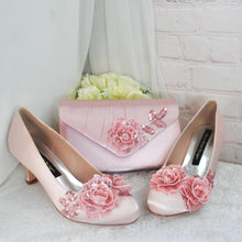 Load image into Gallery viewer, Blush Pink Satin Bridal Shoes, with Sparkling Rose Floral Embroidery, Handmade Heels - UK5/US7.5