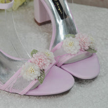 Load image into Gallery viewer, Blush Pink Bridal Sandals – Handmade Satin Shoes with 3D Floral Block Heels Size UK5/IS7.5