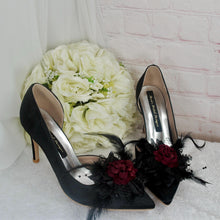 Load image into Gallery viewer, Black Gothic Bridal Set: Handmade Clutch, Sinamay Fascinator, Satin Stiletto Heel Shoes, Floral Rose