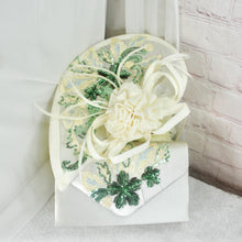 Load image into Gallery viewer, Ivory Satin Clutch Bag and Fascinator Set: Handmade Bridal Hatinator
