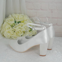 Load image into Gallery viewer, Bridal Block Heel Shoes – White Bridesmaid Shoes With Ankle Strap • Size UK9/US11