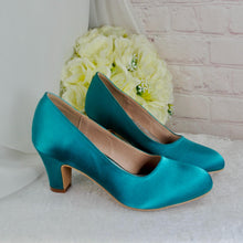 Load image into Gallery viewer, Burgundy Block Heel Satin Shoes, Wine Red Bridal Court Shoes