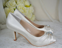 Load image into Gallery viewer, Bridal Satin Heels – Handmade Vegan Wedding Mid Heels with Swarovski Crystal • UK6/US8.5