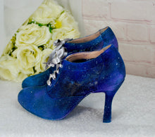 Load image into Gallery viewer, Hand-Painted Celestial Wedding Shoes – Blue Galaxy Lace-Up Heels