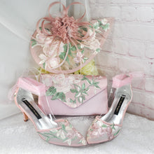 Load image into Gallery viewer, Pink Satin Bridal Set: Embroidered Heels, Clutch, Fascinator