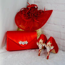 Load image into Gallery viewer, Red Satin Bridal Set: Handmade Heels, Clutch, Fascinator Hat
