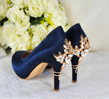 Load image into Gallery viewer, Navy Blue Satin Heels with Cherry Blossom Floral Heel Embellishment UK8/US10.5
